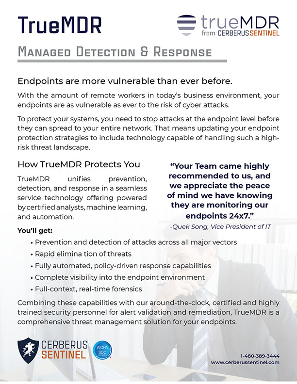 Cerberus Sentinel TrueMDR Service Overview. Cerberus Sentinel specializes in cybersecurity solutions that build a culture of security within an organization Image 1