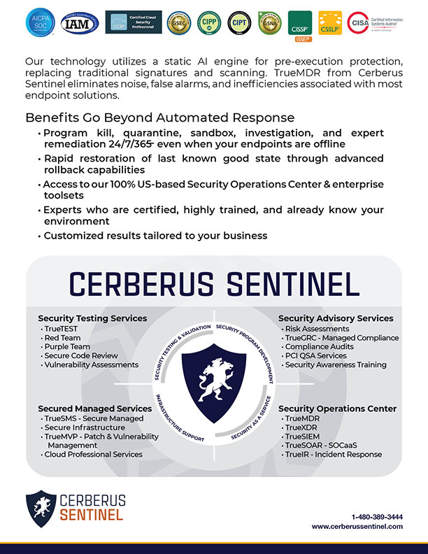 Cerberus Sentinel TrueMDR service Overview. Cerberus Sentinel specializes in cybersecurity solutions that build a culture of security within an organization Image 2