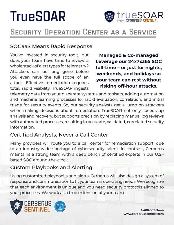 TrueSOAR - Service Overview. Cerberus Sentinel specializes in cybersecurity solutions that build a culture of security within an organization Image 1